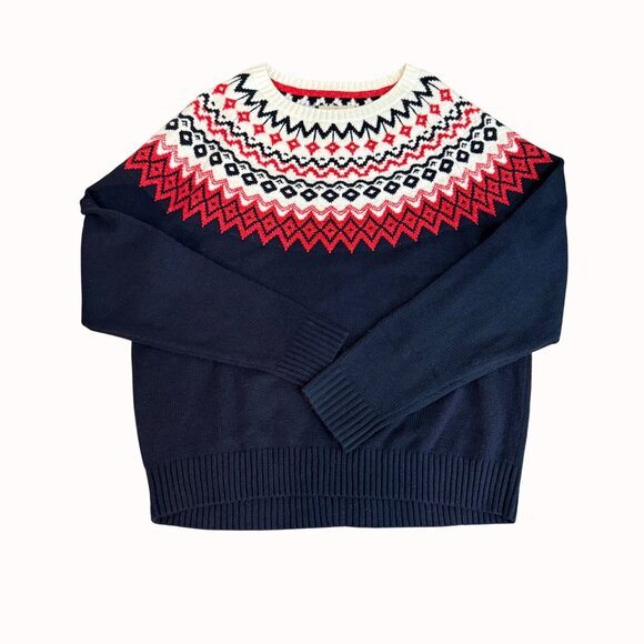 Fair Isle Navy Sweater Mens Large Knit Cozy Warm Cabin Core Pullover Classic Ski - Picture 13 of 14